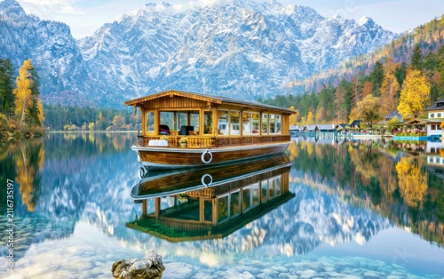 Traditional Wooden Houseboat Floating on Calm Water with Serene Mountain Landscape
