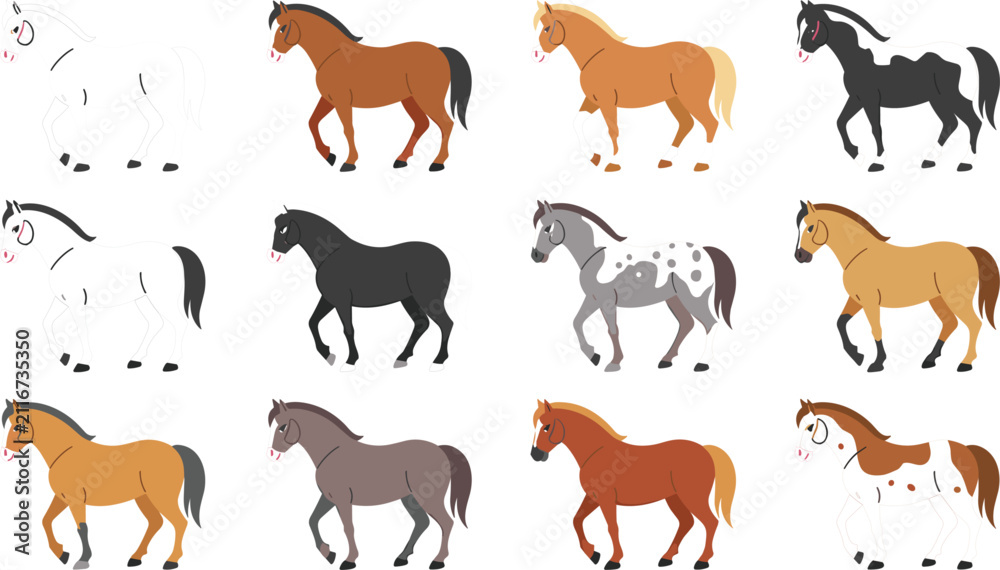 Obraz premium Horse Breeds Collection with Various Coat Colors, Standing and Walking Equine Animals, Farm Livestock, Equestrian Icons, and Flat Vector Illustration Set