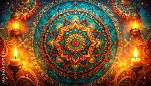 Vibrant Spiritual Mandala Artwork with Glowing Candles and Intricate Oriental Patterns, a Richly Detailed Illustration Evoking Serene Mysticism and Cultural Grandeur