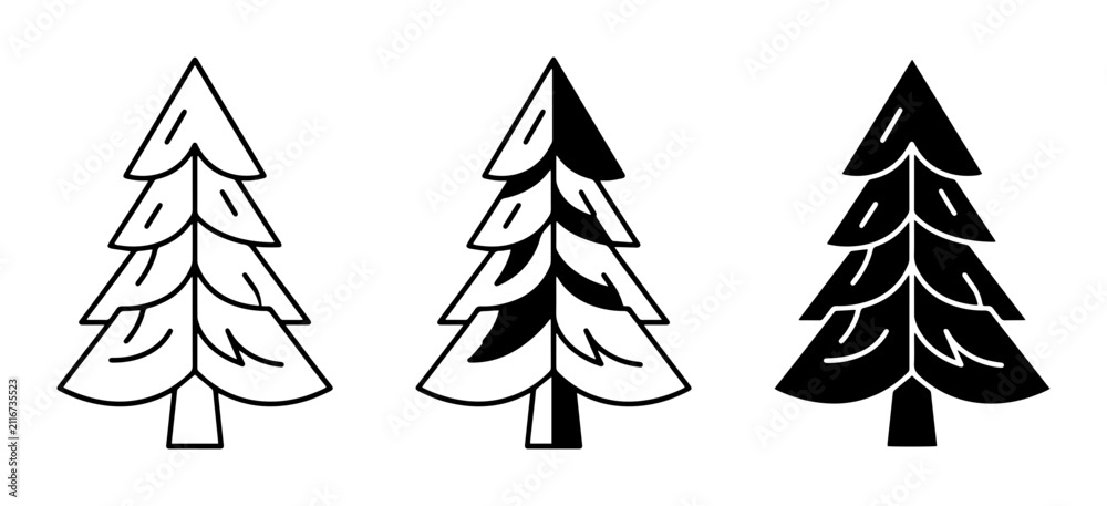 Fototapeta premium Christmas tree icon set for winter and holiday design outline, solid and color styles, white background