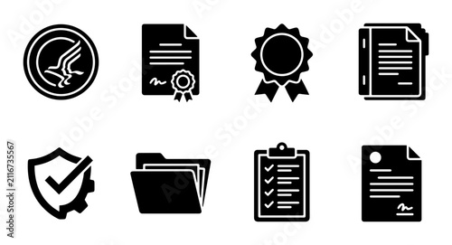 Document and certification icon set for legal and business use outline, solid and color styles, white background