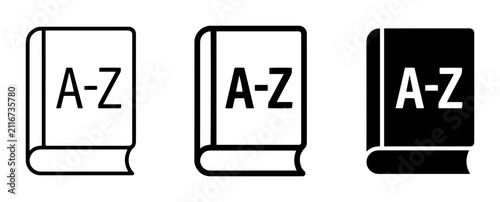 Dictionary icon set for vocabulary and glossary lookup, outline, solid and color styles, white background