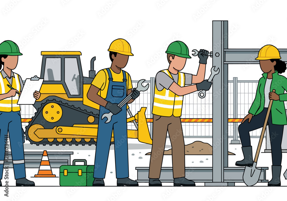 Fototapeta premium Construction Crew Working on Site with Bulldozer and Equipment