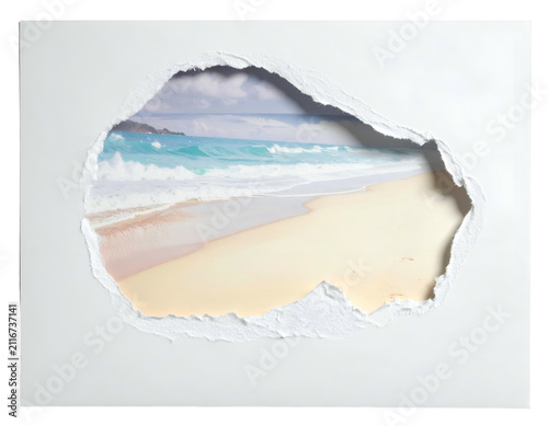 Ripped Paper Hole Revealing a Tropical Beach Seascape with Blue Ocean Waves