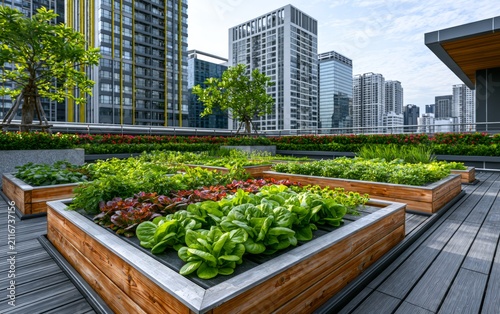 Urban Rooftop Farm with Vibrant Vegetables and Lush Greenery in City Landscape