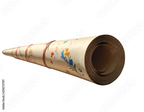 Rolled Paper Sheet Decorated with Floral Prints Secured by Red Rubber Bands