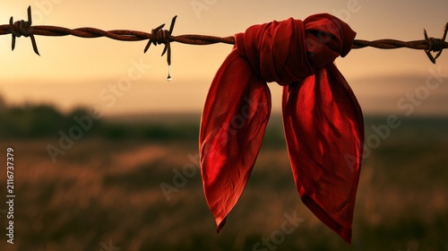 Red Fabric Scarf Tied to Rusty Fence Wire with Sunset Background and Dew Drop