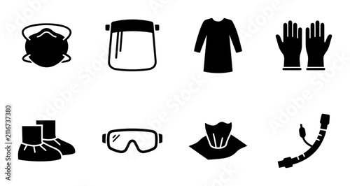 8 Personal Protective Equipment linear icon set mask, face shield, gown, gloves, boots, goggles, respirator