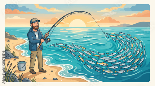 Man fishing on beach with large school of fish in ocean.
