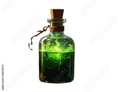 Glowing Green Magic Potion in a Glass Bottle with Cork Stopper