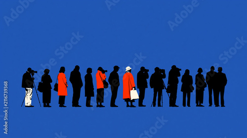 People waiting in line against a blue background with red accents  