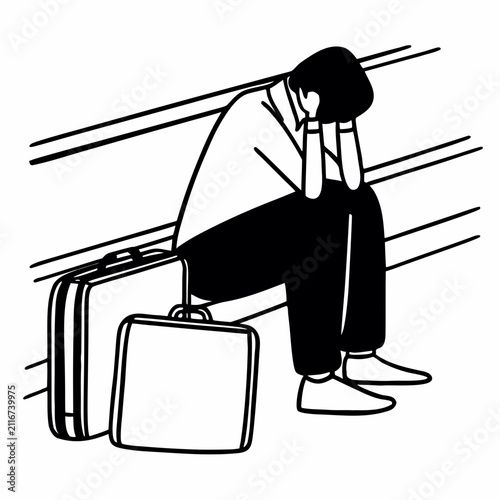 Young man sitting with hands on head next to luggage in despair  