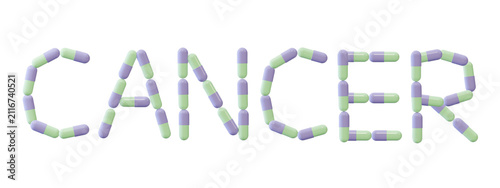 3D illustration of a collection of pills forming the word 