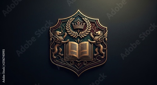 Ornate Heraldic Crest with Crown, Open Book, and Griffins - Royal Emblem