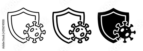 3 Shield Virus Icons, Outline and Solid Styles, for Medical Protection Concepts