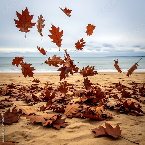 Autumn leaves scattered on sandy beach with ocean backdrop.
