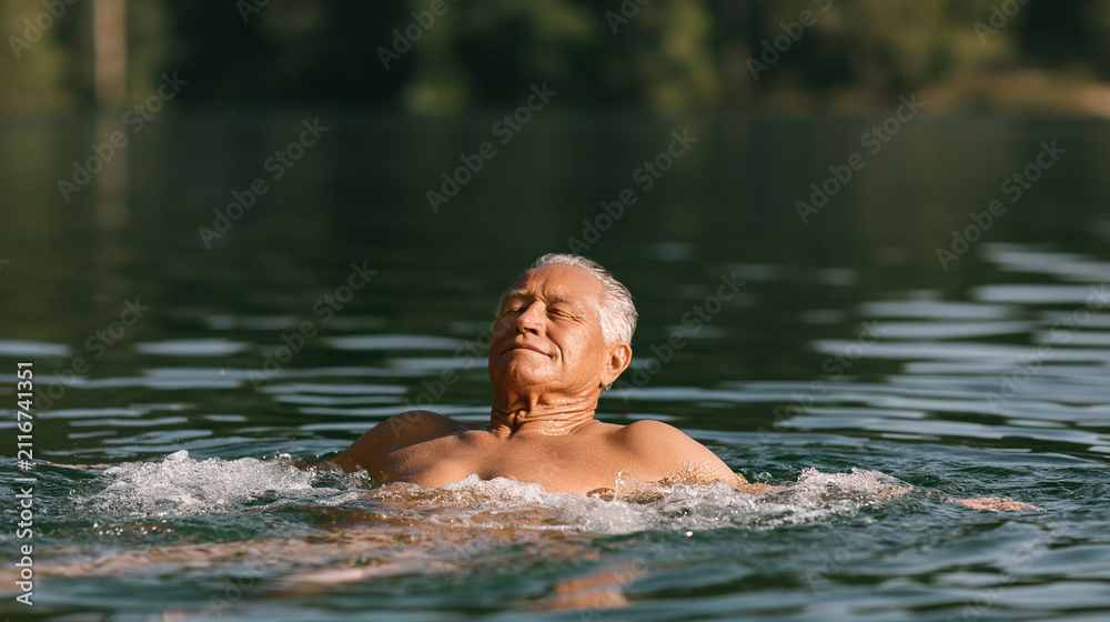 Fototapeta premium Elderly man swimming and relaxing in calm lake during summer 