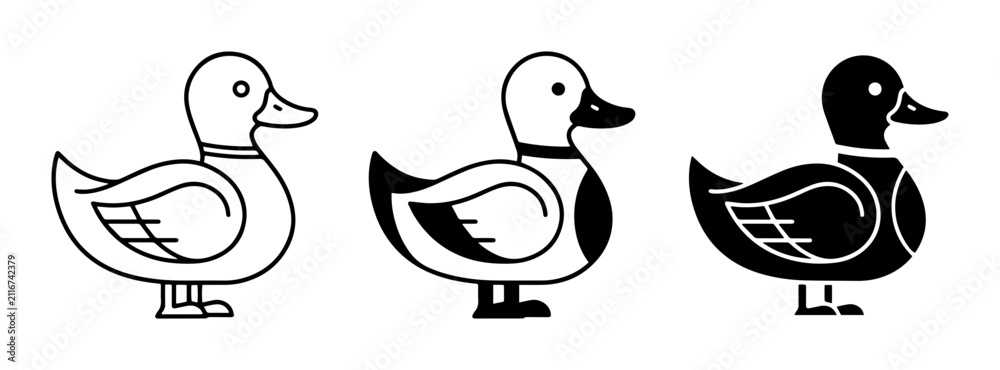 Fototapeta premium 3 Duck Icons Outline Solid Silhouette, for Animal and Nature Themes