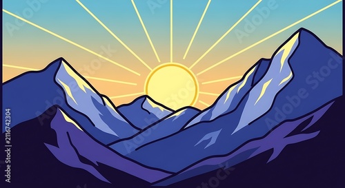 Sunrise over snow capped mountain peaks.