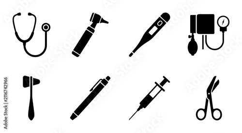 Foto 8 Medical Instrument Silhouette Icons, Flat, for Healthcare and Medicine