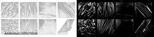 Fotografía Crinkled plastic wrap texture collection, transparent glossy foil overlays with