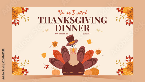 Cute turkey with pumpkins and autumn wreath for a Thanksgiving dinner invitation. Ideal for greeting cards, party events and print design, vector illustration.