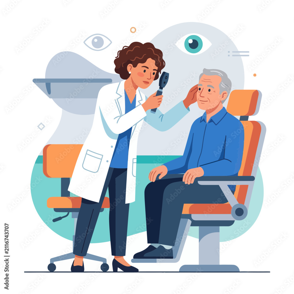 Fototapeta premium Ophthalmologist examining patient's eye with ophthalmoscope in a modern clinic, vector illustration