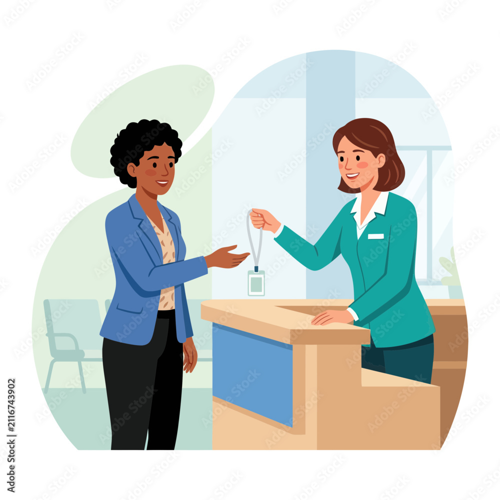 Fototapeta premium Receptionist hands ID badge to visitor at front desk, modern illustration, welcoming service concept