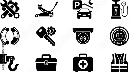 Foto Automotive Repair Tools and Roadside Assistance Safety Icon Set for Car Maintena