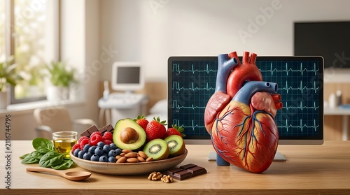 Healthy Heart Diet: Anatomical Heart Model, Fruits, Nuts, and Monitor Displaying ECG