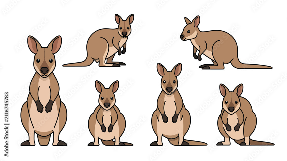 Naklejka premium Collection of cute cartoon wallabies in different poses on a white background.