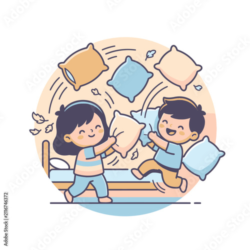Two children having a pillow fight on a bed.