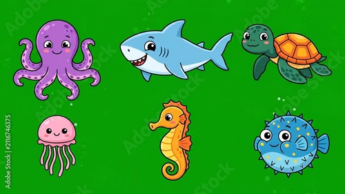 Cute Cartoon Sea Animals Animated on Green Screen Background