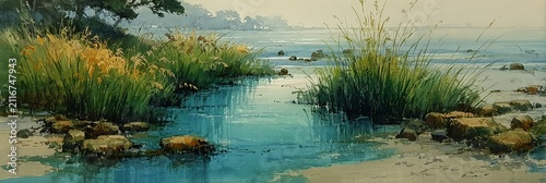 Serene marshland pond with reeds and lily pads in peaceful nature landscape