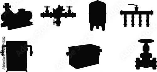 Fotografía Industrial plumbing and HVAC equipment solid black icon set featuring water pump
