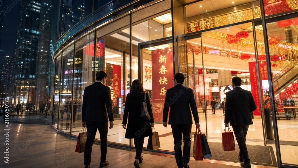 Fototapeta premium Modern Shopping at Dusk: Four individuals, silhouetted against the warm glow of a bustling shopping complex, walk towards its entrance carrying shopping bags. Festive red lanterns adorn the facade.