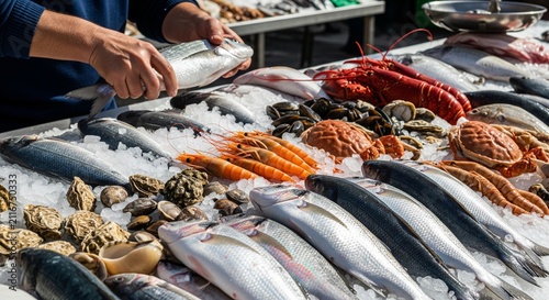 Fresh seafood market display with assorted fish and shellfish on ice