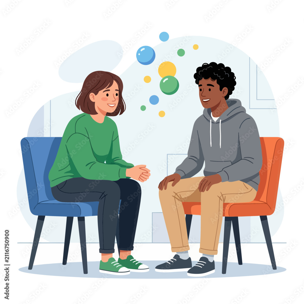 Fototapeta premium Diverse people in conversation, therapy session or friendly chat, vector illustration with colorful bubbles symbolizing ideas