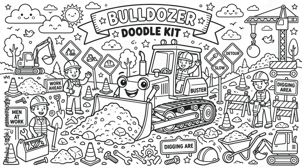 Obraz premium Doodle Kit Illustration of Bulldozer Working at a Busy Construction Site with People and Tools.