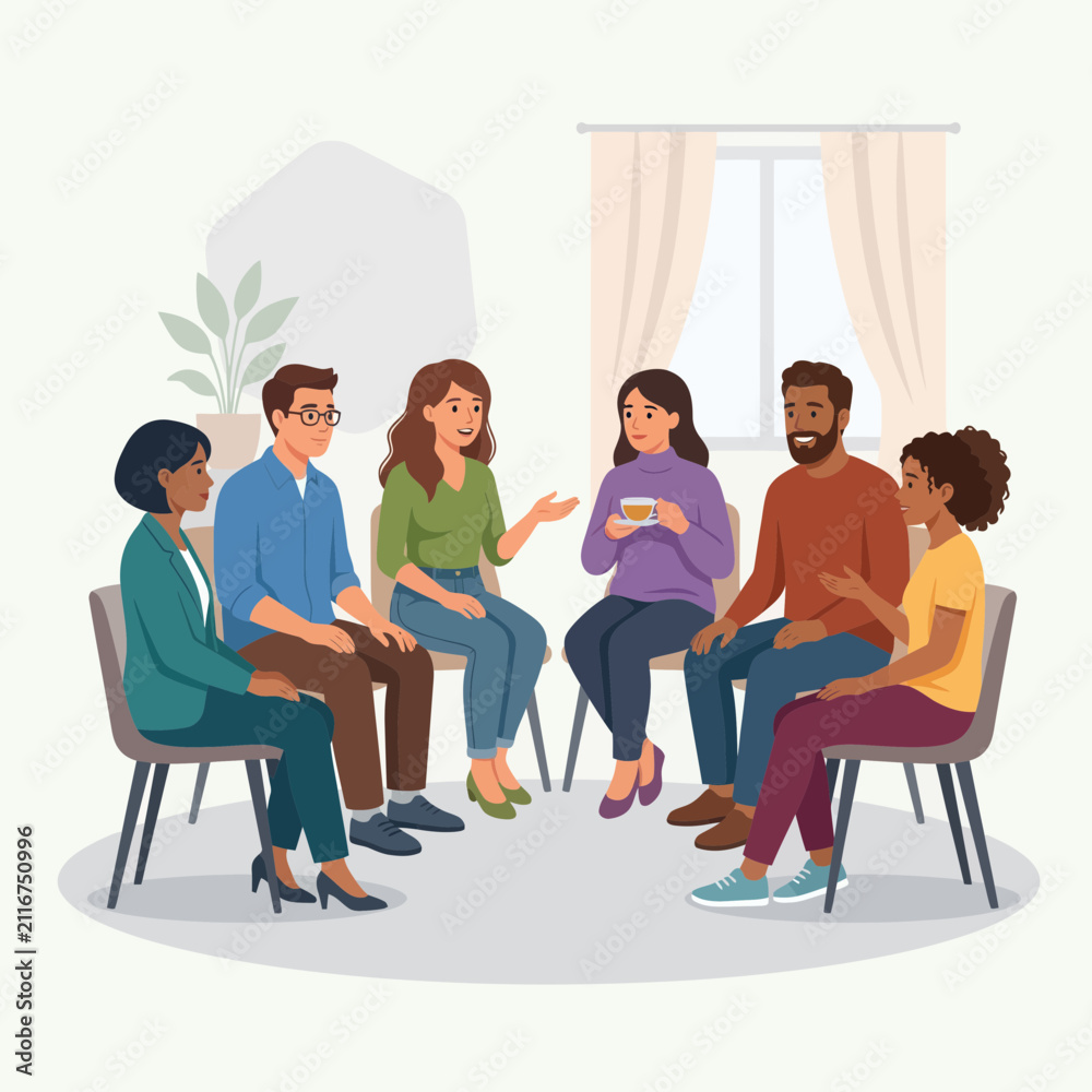 Fototapeta premium Diverse group of people sitting in a circle, engaged in conversation and tea time.