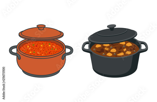 Bild auf Leinwand Vector illustration of two delicious cooking pots filled with savory stew and ch
