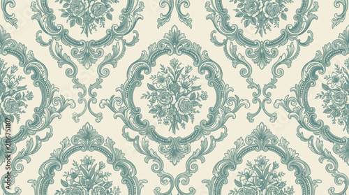 Foto Ornate vintage damask wallpaper with floral motifs in teal and cream