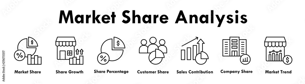 Fototapeta premium Market Share Analysis banner web icon illustration concept with icon of market share, growth, percentage, customer, sales contribution, company, and market trend