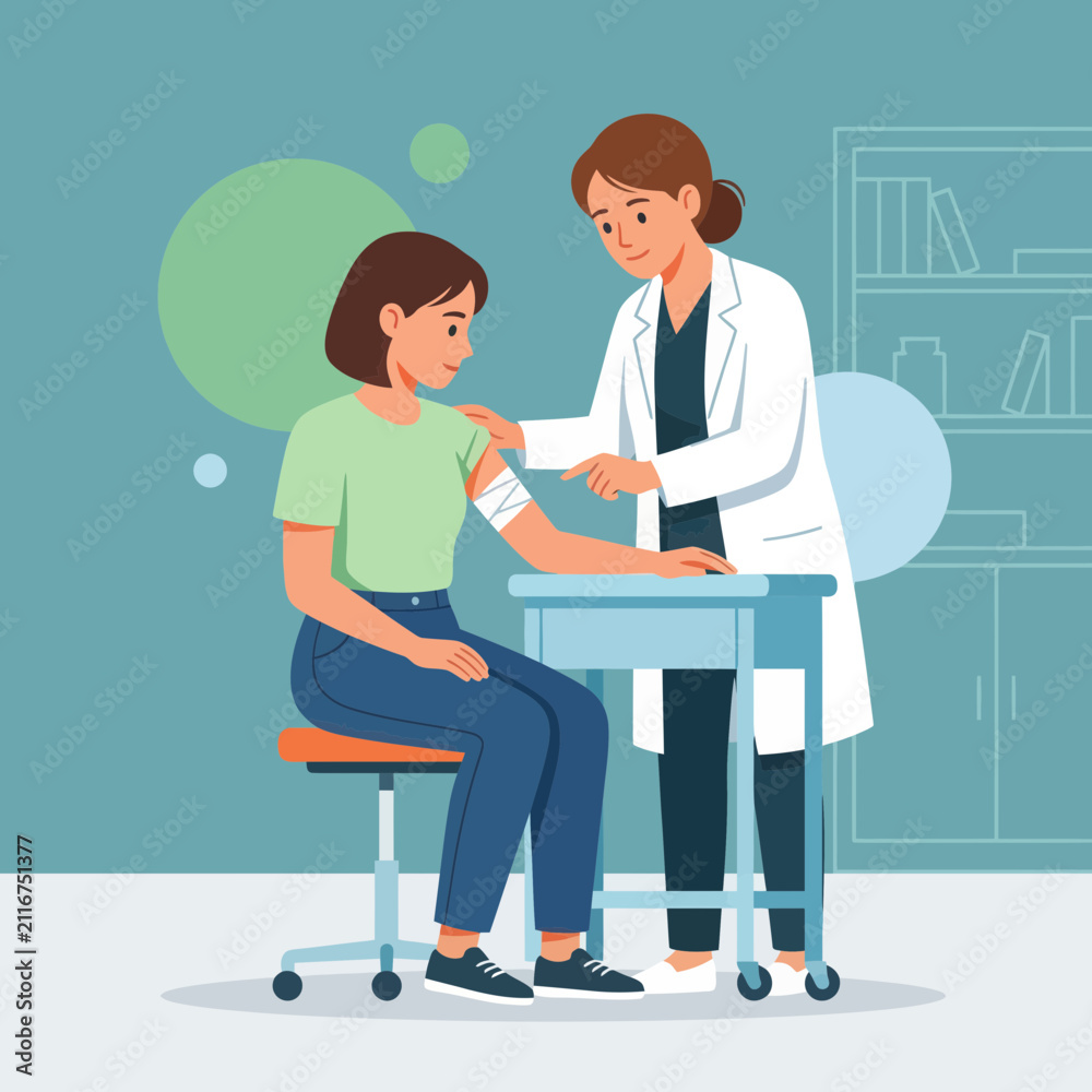 Obraz premium Doctor Applying Bandage to Patient's Arm After Vaccination or Medical Procedure in Clinic Setting