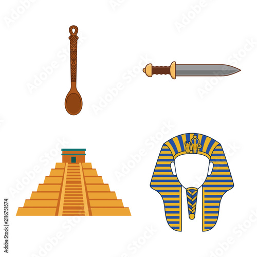 Set of ancient Egyptian artifacts including pyramid, pharaoh mask, dagger, and wooden spoon