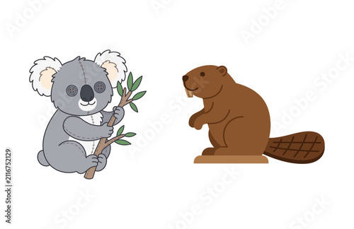 Cute koala eating eucalyptus leaves and a cute brown beaver with large teeth illustration