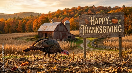 Wild turkey roams a sun-kissed autumn cornfield near a rustic barn, nestled among hills ablaze with fall colors, under a golden sky, embodying the spirit of Thanksgiving