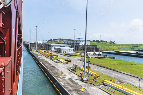 Agua Clara Locks with the lock complex and surrounding infrastructure visible. Modern canal engineering in Panama.
