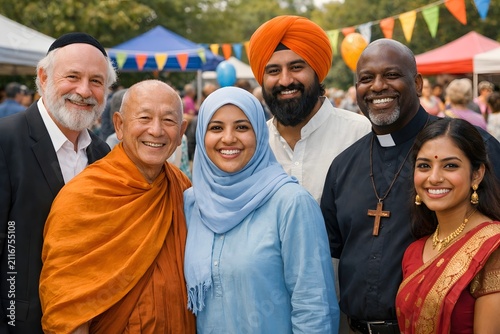 Diverse group of people from different religions smiling together at a festival
