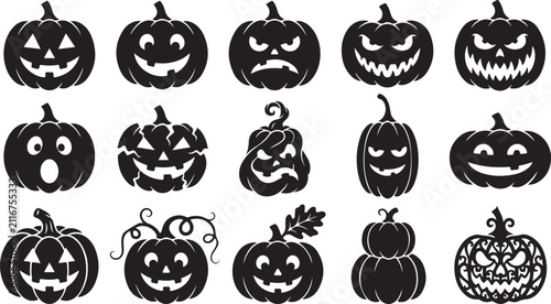 Set of various scary halloween pumpkin silhouette designs with halloween